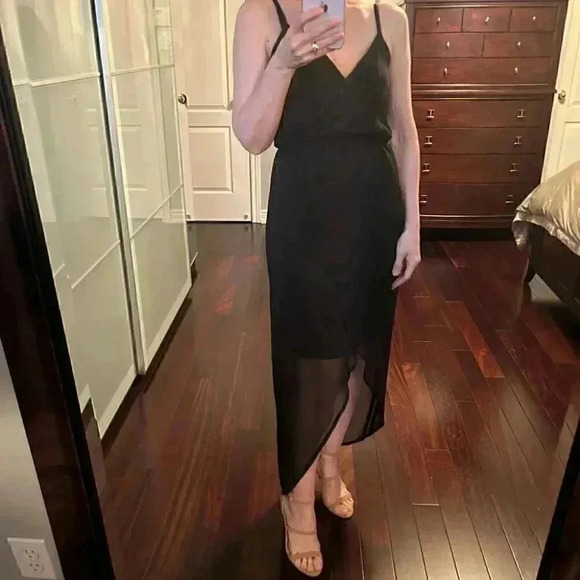 Smart Set Midi Maxi Dress Black Sheer Flowy High Low Wrap Front Asymmetric XS - Picture 16 of 16